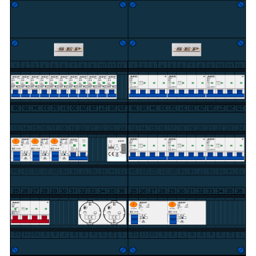 Schotman Elektro B.V. - SEP FS40A, 1xHoofdschakelaar, 5xAardlekschakelaar, 11xInstallatieautomaat, 6xKracht installatieautomaat, 1xFornuisgroep, 1xBeltrafo, 2xContactdoos, 3 Fase