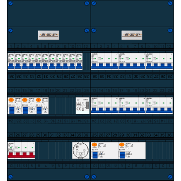 Schotman Elektro B.V. - SEP FS40A, 1xHoofdschakelaar, 5xAardlekschakelaar, 11xInstallatieautomaat, 6xKracht installatieautomaat, 1xBeltrafo, 1xContactdoos, 3 Fase