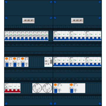 Schotman Elektro B.V. - SEP FS40A, 1xHoofdschakelaar, 5xAardlekschakelaar, 11xInstallatieautomaat, 6xKracht installatieautomaat, 1xBeltrafo, 2xContactdoos, 3 Fase