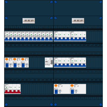 Schotman Elektro B.V. - SEP FS40A, 1xHoofdschakelaar, 5xAardlekschakelaar, 12xInstallatieautomaat, 4xKracht installatieautomaat, 1xBeltrafo, 3 Fase