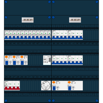 Schotman Elektro B.V. - SEP FS40A, 1xHoofdschakelaar, 5xAardlekschakelaar, 12xInstallatieautomaat, 4xKracht installatieautomaat, 1xBeltrafo, 1xContactdoos, 3 Fase