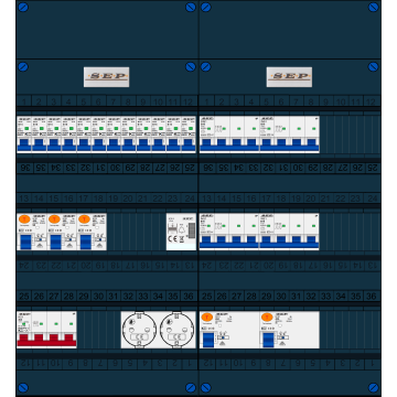 Schotman Elektro B.V. - SEP FS40A, 1xHoofdschakelaar, 5xAardlekschakelaar, 12xInstallatieautomaat, 4xKracht installatieautomaat, 1xBeltrafo, 2xContactdoos, 3 Fase