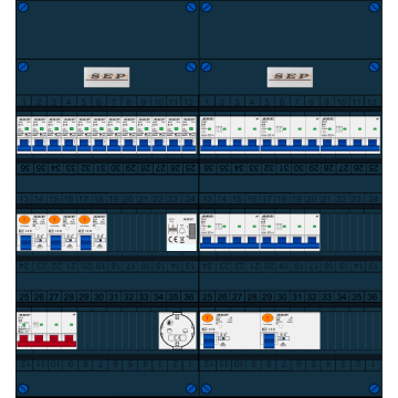 Schotman Elektro B.V. - SEP FS40A, 1xHoofdschakelaar, 5xAardlekschakelaar, 12xInstallatieautomaat, 5xKracht installatieautomaat, 1xBeltrafo, 1xContactdoos, 3 Fase