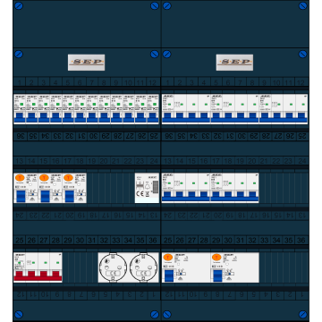 Schotman Elektro B.V. - SEP FS40A, 1xHoofdschakelaar, 5xAardlekschakelaar, 12xInstallatieautomaat, 5xKracht installatieautomaat, 1xBeltrafo, 2xContactdoos, 3 Fase