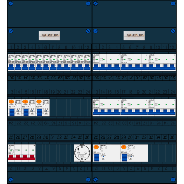 Schotman Elektro B.V. - SEP FS40A, 1xHoofdschakelaar, 5xAardlekschakelaar, 12xInstallatieautomaat, 6xKracht installatieautomaat, 1xContactdoos, 3 Fase