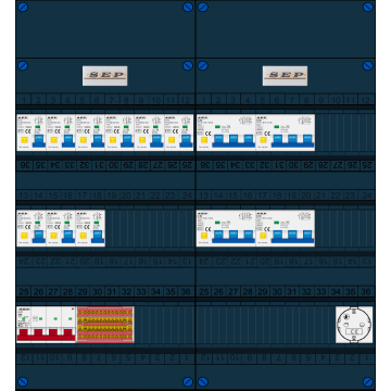 Schotman Elektro B.V. - SEP FS40A, 1xHoofdschakelaar, 9xAardlekautomaat, 4xKracht aardlekautomaat, 1xContactdoos, 3 Fase