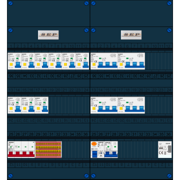 Schotman Elektro B.V. - SEP FS40A, 1xHoofdschakelaar, 9xAardlekautomaat, 1xAls+Fornuisgroep, 4xKracht aardlekautomaat, 1xBeltrafo, 3 Fase