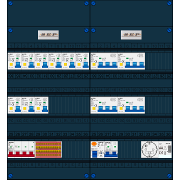 Schotman Elektro B.V. - SEP FS40A, 1xHoofdschakelaar, 9xAardlekautomaat, 1xAls+Fornuisgroep, 4xKracht aardlekautomaat, 1xBeltrafo, 1xContactdoos, 3 Fase