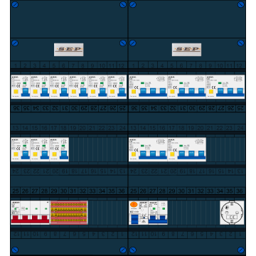 Schotman Elektro B.V. - SEP FS40A, 1xHoofdschakelaar, 9xAardlekautomaat, 1xAls+Fornuisgroep, 5xKracht aardlekautomaat, 1xContactdoos, 3 Fase