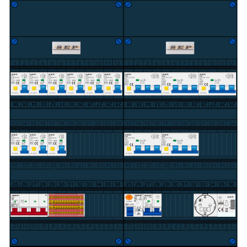 Schotman Elektro B.V. - SEP FS40A, 1xHoofdschakelaar, 9xAardlekautomaat, 1xAls+Fornuisgroep, 5xKracht aardlekautomaat, 1xBeltrafo, 1xContactdoos, 3 Fase