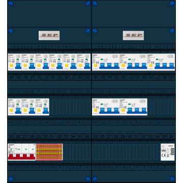 Schotman Elektro B.V. - SEP FS40A, 1xHoofdschakelaar, 9xAardlekautomaat, 5xKracht aardlekautomaat, 1xBeltrafo, 3 Fase