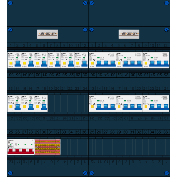 Schotman Elektro B.V. - SEP FS40A, 1xHoofdschakelaar, 9xAardlekautomaat, 6xKracht aardlekautomaat, 3 Fase