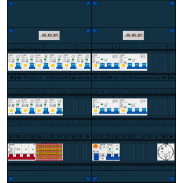 Schotman Elektro B.V. - SEP FS40A, 1xHoofdschakelaar, 10xAardlekautomaat, 1xAls+Fornuisgroep, 4xKracht aardlekautomaat, 1xContactdoos, 3 Fase