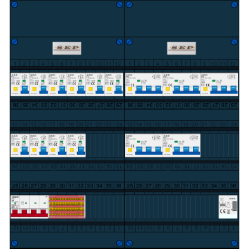 Schotman Elektro B.V. - SEP FS40A, 1xHoofdschakelaar, 10xAardlekautomaat, 5xKracht aardlekautomaat, 1xBeltrafo, 3 Fase