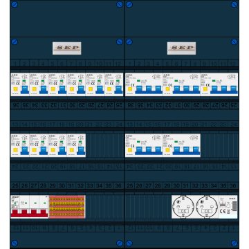 Schotman Elektro B.V. - SEP FS40A, 1xHoofdschakelaar, 10xAardlekautomaat, 5xKracht aardlekautomaat, 1xBeltrafo, 2xContactoos, 3 Fase