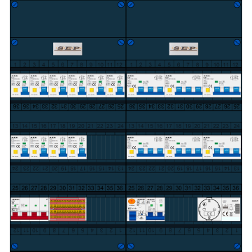 Schotman Elektro B.V. - SEP FS40A, 1xHoofdschakelaar, 10xAardlekautomaat, 1xAls+Fornuisgroep, 6xKracht aardlekautomaat, 1xBeltrafo, 1xContactdoos, 3 Fase