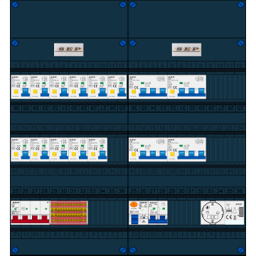 Schotman Elektro B.V. - SEP FS40A, 1xHoofdschakelaar, 11xAardlekautomaat, 1xAls+Fornuisgroep, 4xKracht aardlekautomaat, 1xBeltrafo, 1xContactdoos, 3 Fase