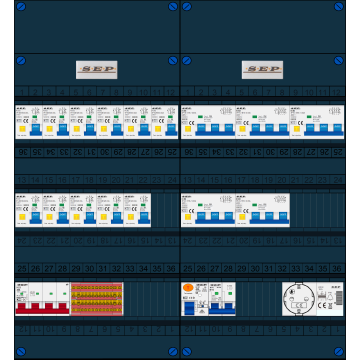 Schotman Elektro B.V. - SEP FS40A, 1xHoofdschakelaar, 11xAardlekautomaat, 1xAls+Fornuisgroep, 5xKracht aardlekautomaat, 1xBeltrafo, 1xContactdoos, 3 Fase