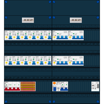 Schotman Elektro B.V. - SEP FS40A, 1xHoofdschakelaar, 12xAardlekautomaat, 1xAls+Fornuisgroep, 4xKracht aardlekautomaat, 1xBeltrafo, 3 Fase
