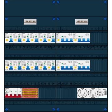 Schotman Elektro B.V. - SEP FS40A, 1xHoofdschakelaar, 12xAardlekautomaat, 4xKracht aardlekautomaat, 1xBeltrafo, 2xContactoos, 3 Fase