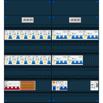 Schotman Elektro B.V. - SEP FS40A, 1xHoofdschakelaar, 12xAardlekautomaat, 1xAls+Fornuisgroep, 5xKracht aardlekautomaat, 1xBeltrafo, 3 Fase