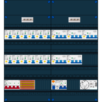 Schotman Elektro B.V. - SEP FS40A, 1xHoofdschakelaar, 12xAardlekautomaat, 1xAls+Fornuisgroep, 5xKracht aardlekautomaat, 1xBeltrafo, 1xContactdoos, 3 Fase