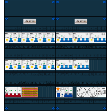 Schotman Elektro B.V. - SEP FS40A, 1xHoofdschakelaar, 12xAardlekautomaat, 1xAls+Fornuisgroep, 5xKracht aardlekautomaat, 1xBeltrafo, 2xContactdoos, 3 Fase