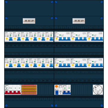 Schotman Elektro B.V. - SEP FS40A, 1xHoofdschakelaar, 12xAardlekautomaat, 1xAls+Fornuisgroep, 6xKracht aardlekautomaat, 1xContactdoos, 3 Fase