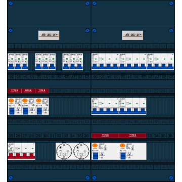 Schotman Elektro B.V. - SEP FS40A, 1xHoofdschakelaar, 5xAardlekschakelaar-Type B, 9xInstallatieautomaat, 5xKrachtgroep, 2xContactdoos, 3 Fase
