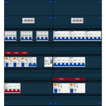 Schotman Elektro B.V. - SEP FS40A, 1xHoofdschakelaar, 5xAardlekschakelaar-Type B, 9xInstallatieautomaat, 1xFornuisgroep, 5xKrachtgroep, 1xBeltrafo, 3 Fase