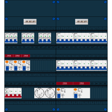 Schotman Elektro B.V. - SEP FS40A, 1xHoofdschakelaar, 5xAardlekschakelaar-Type B, 9xInstallatieautomaat, 6xKrachtgroep, 2xContactdoos, 3 Fase
