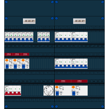 Schotman Elektro B.V. - SEP FS40A, 1xHoofdschakelaar, 5xAardlekschakelaar-Type B, 10xInstallatieautomaat, 4xKrachtgroep, 1xContactdoos, 3 Fase