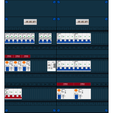 Schotman Elektro B.V. - SEP FS40A, 1xHoofdschakelaar, 5xAardlekschakelaar-Type B, 10xInstallatieautomaat, 4xKrachtgroep, 1xBeltrafo, 3 Fase