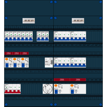 Schotman Elektro B.V. - SEP FS40A, 1xHoofdschakelaar, 5xAardlekschakelaar-Type B, 10xInstallatieautomaat, 4xKrachtgroep, 1xBeltrafo, 1xContactdoos, 3 Fase