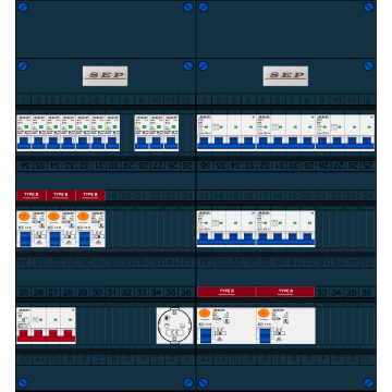 Schotman Elektro B.V. - SEP FS40A, 1xHoofdschakelaar, 5xAardlekschakelaar-Type B, 10xInstallatieautomaat, 5xKrachtgroep, 1xContactdoos, 3 Fase