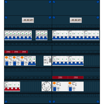 Schotman Elektro B.V. - SEP FS40A, 1xHoofdschakelaar, 5xAardlekschakelaar-Type B, 10xInstallatieautomaat, 1xFornuisgroep, 5xKrachtgroep, 1xBeltrafo, 1xContactdoos, 3 Fase