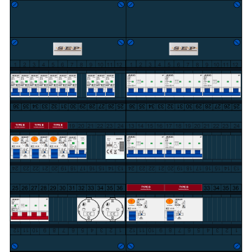 Schotman Elektro B.V. - SEP FS40A, 1xHoofdschakelaar, 5xAardlekschakelaar-Type B, 10xInstallatieautomaat, 1xFornuisgroep, 5xKrachtgroep, 1xBeltrafo, 2xContactdoos, 3 Fase