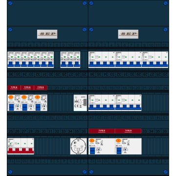 Schotman Elektro B.V. - SEP FS40A, 1xHoofdschakelaar, 5xAardlekschakelaar-Type B, 10xInstallatieautomaat, 5xKrachtgroep, 1xBeltrafo, 1xContactdoos, 3 Fase