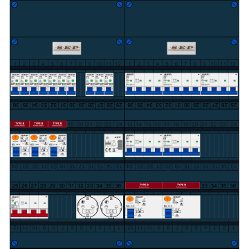 Schotman Elektro B.V. - SEP FS40A, 1xHoofdschakelaar, 5xAardlekschakelaar-Type B, 10xInstallatieautomaat, 5xKrachtgroep, 1xBeltrafo, 2xContactdoos, 3 Fase