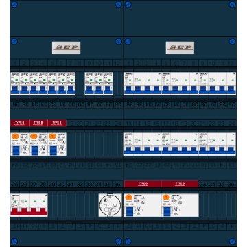Schotman Elektro B.V. - SEP FS40A, 1xHoofdschakelaar, 5xAardlekschakelaar-Type B, 10xInstallatieautomaat, 6xKrachtgroep, 1xContactdoos, 3 Fase