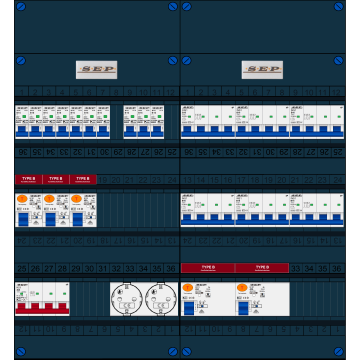 Schotman Elektro B.V. - SEP FS40A, 1xHoofdschakelaar, 5xAardlekschakelaar-Type B, 10xInstallatieautomaat, 6xKrachtgroep, 2xContactdoos, 3 Fase
