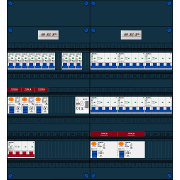 Schotman Elektro B.V. - SEP FS40A, 1xHoofdschakelaar, 5xAardlekschakelaar-Type B, 10xInstallatieautomaat, 6xKrachtgroep, 1xBeltrafo, 3 Fase