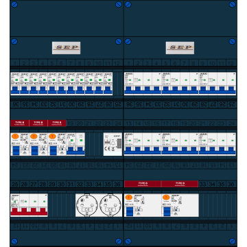 Schotman Elektro B.V. - SEP FS40A, 1xHoofdschakelaar, 5xAardlekschakelaar-Type B, 11xInstallatieautomaat, 1xFornuisgroep, 6xKrachtgroep, 1xBeltrafo, 2xContactdoos, 3 Fase