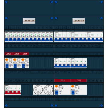 Schotman Elektro B.V. - SEP FS40A, 1xHoofdschakelaar, 5xAardlekschakelaar-Type B, 12xInstallatieautomaat, 5xKrachtgroep, 2xContactdoos, 3 Fase