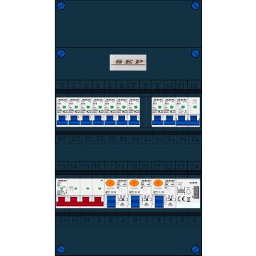 Schotman Elektro B.V. - SEP FS63A, 1xHoofdschakelaar, 3xAardlekschakelaar, 9xInstallatieautomaat, 1xFornuisgroep, 1xBeltrafo, 3 Fase