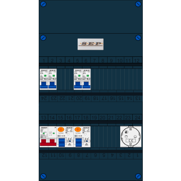 Schotman Elektro B.V. - SEP FS63A, 1xHoofdschakelaar, 2xAardlekschakelaar, 4xInstallatieautomaat, 1xcontactdoos, 1 fase