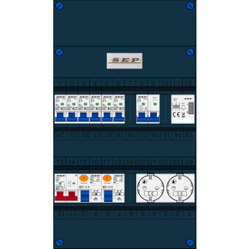 Schotman Elektro B.V. - SEP FS63A, 1xHoofdschakelaar, 2xAardlekschakelaar, 6xInstallatieautomaat, 1xFornuisgroep, 1xBeltrafo, 2xContactdoos, 1 Fase
