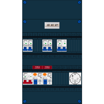 Schotman Elektro B.V. - SEP FS63A, 1xHoofdschakelaar, 2xAardlekschakelaar-Type B, 4xInstallatieautomaat, 1xFornuisgroep, 1xContactdoos, 1 Fase