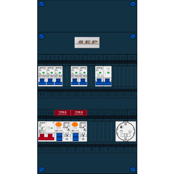 Schotman Elektro B.V. - SEP FS63A, 1xHoofdschakelaar, 2xAardlekschakelaar-Type B, 5xInstallatieautomaat, 1xFornuisgroep, 1xContactdoos, 1 Fase