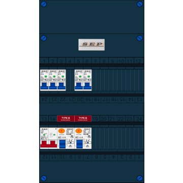 Schotman Elektro B.V. - SEP FS63A, 1xHoofdschakelaar, 2xAardlekschakelaar-Type B, 5xInstallatieautomaat, 1 Fase